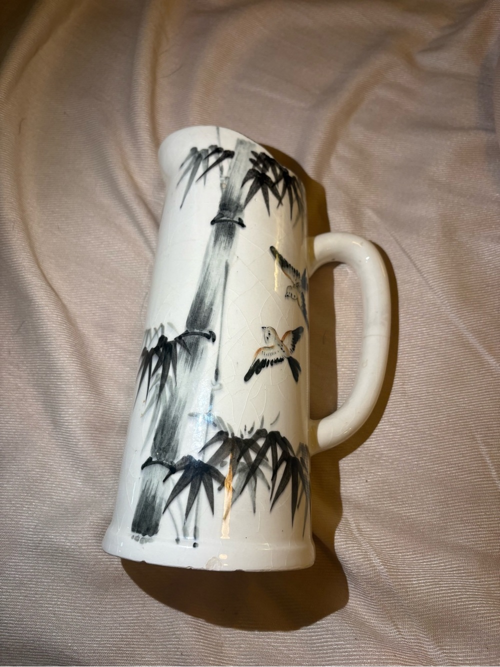 White Ceramic Bamboo & Bird Decorative Pitcher